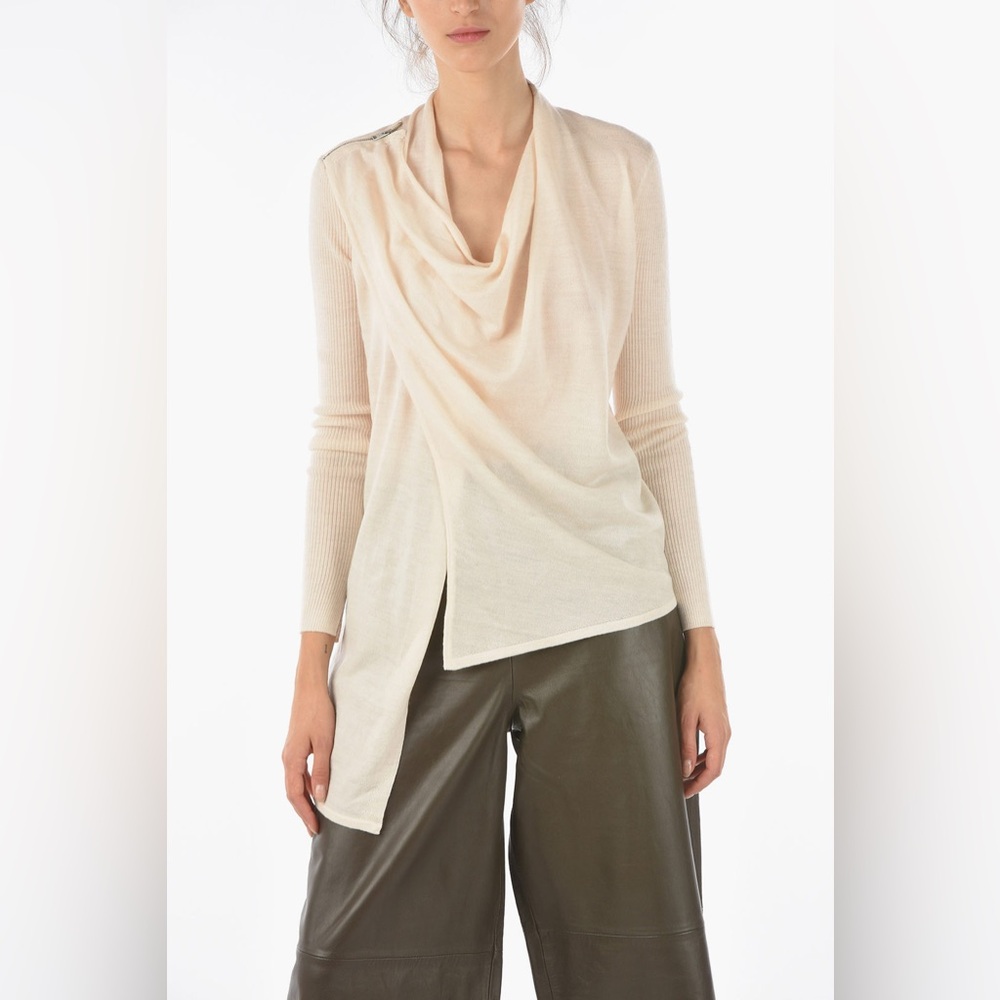 All Saints DRINA Merino Cream Pink Asymmetrical Cardigan with Draped Neckline, M